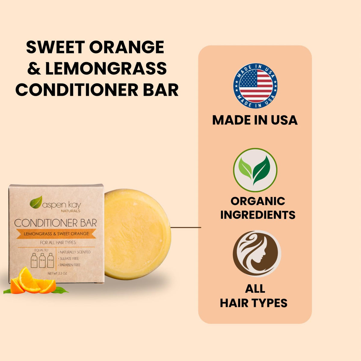 Aspen Kay Naturals lemongrass conditioner bar close-up shows organic ingredients and texture.