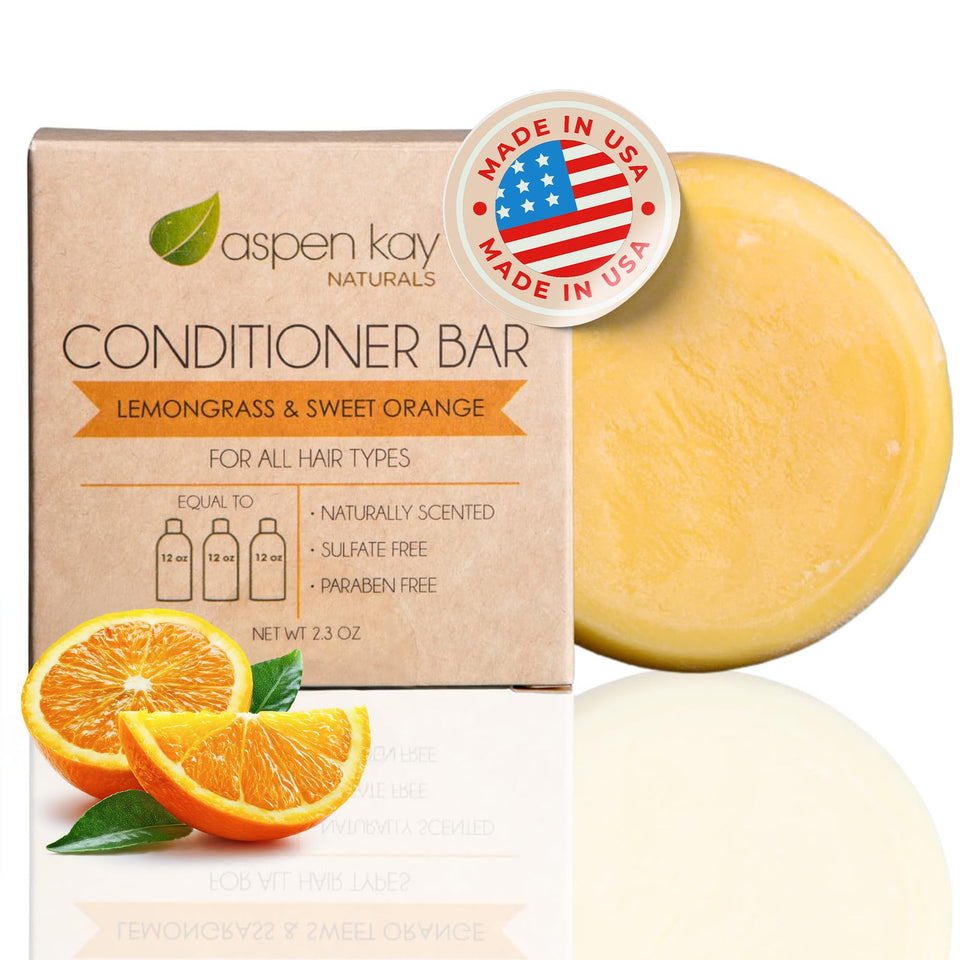 Aspen Kay Naturals lemongrass conditioner bar packaging highlights eco-friendly formula.