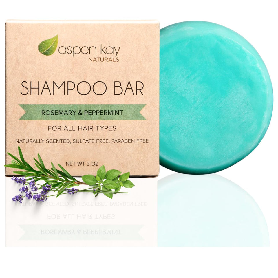 Aspen Kay Naturals solid shampoo bar rosemary peppermint close-up with nourishing argan oil.