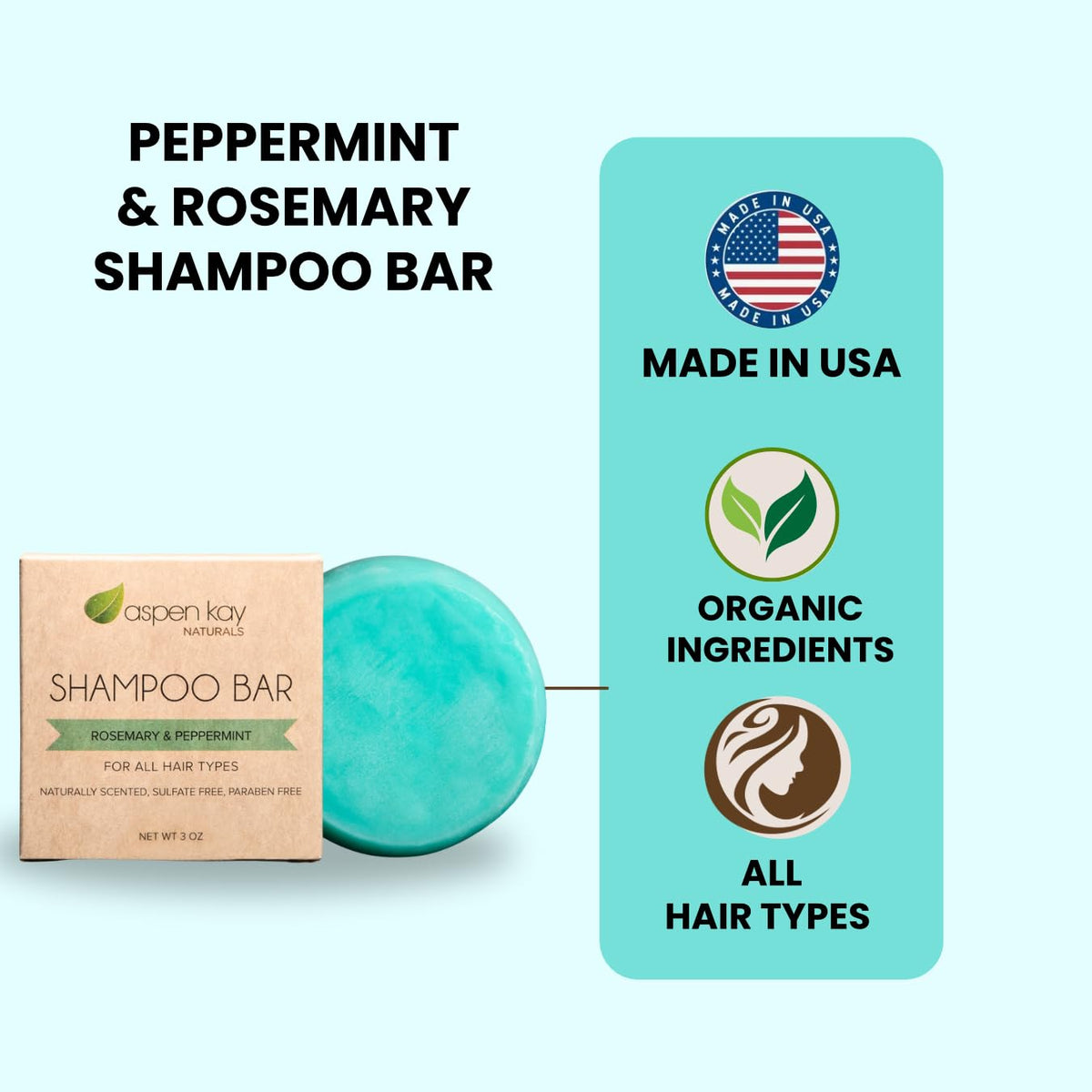Aspen Kay Naturals solid shampoo bar packaging shot highlighting eco-friendly design.