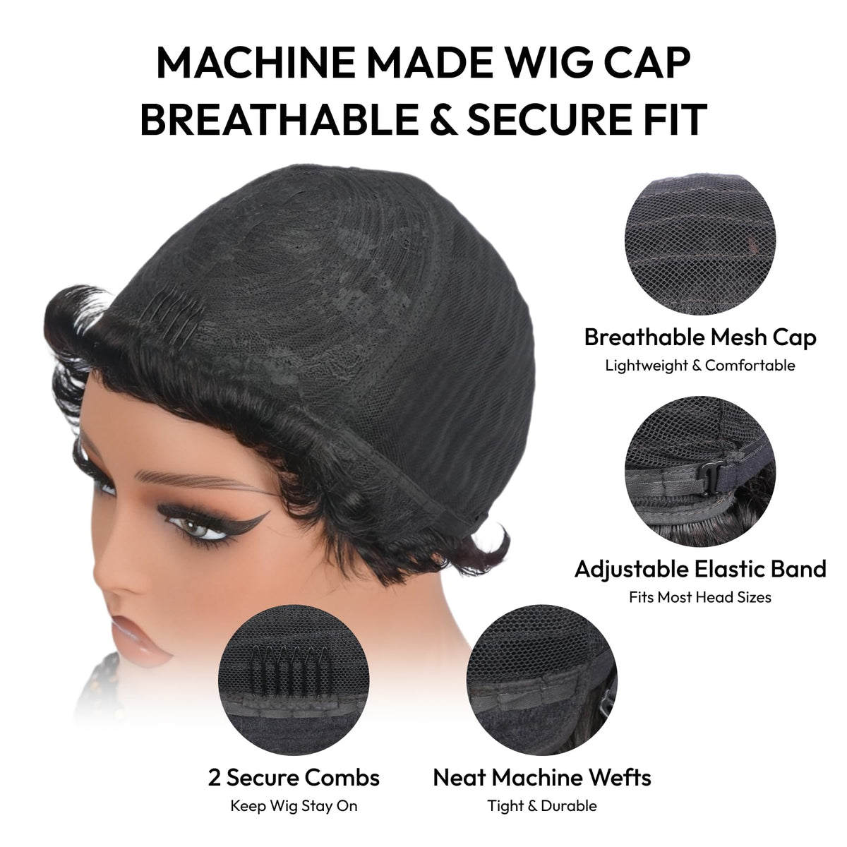 Glueless cap on Asteria Pixie Cut Wig for breathable all-day comfort.