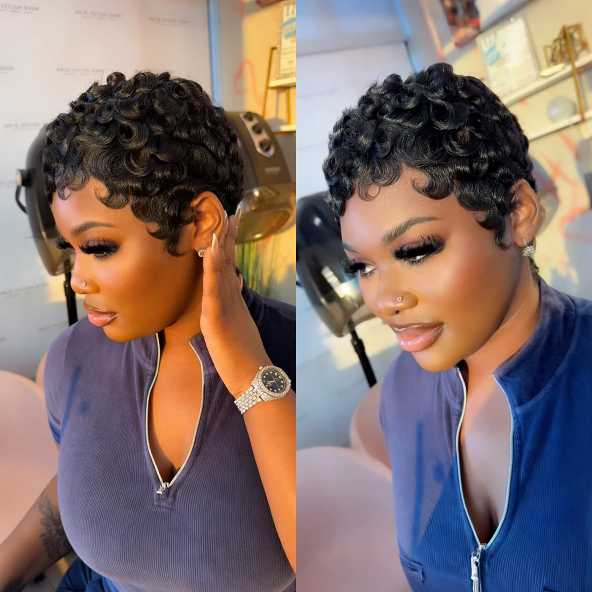 Close-up of Asteria Pixie Cut Wig human hair texture and movement.