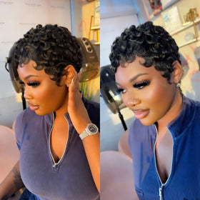 Close-up of Asteria Pixie Cut Wig human hair texture and movement.