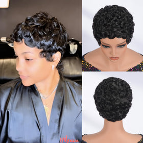 Natural black color of Asteria Pixie Cut Wig complements any look.