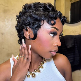 Asteria Pixie Cut Wig ready-to-wear with short curly bangs for everyday style.