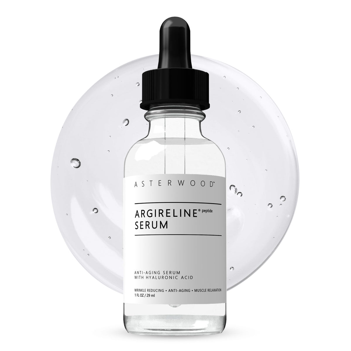 Asterwood Argireline Serum bottle close-up highlights the peptide formula for smoother skin.