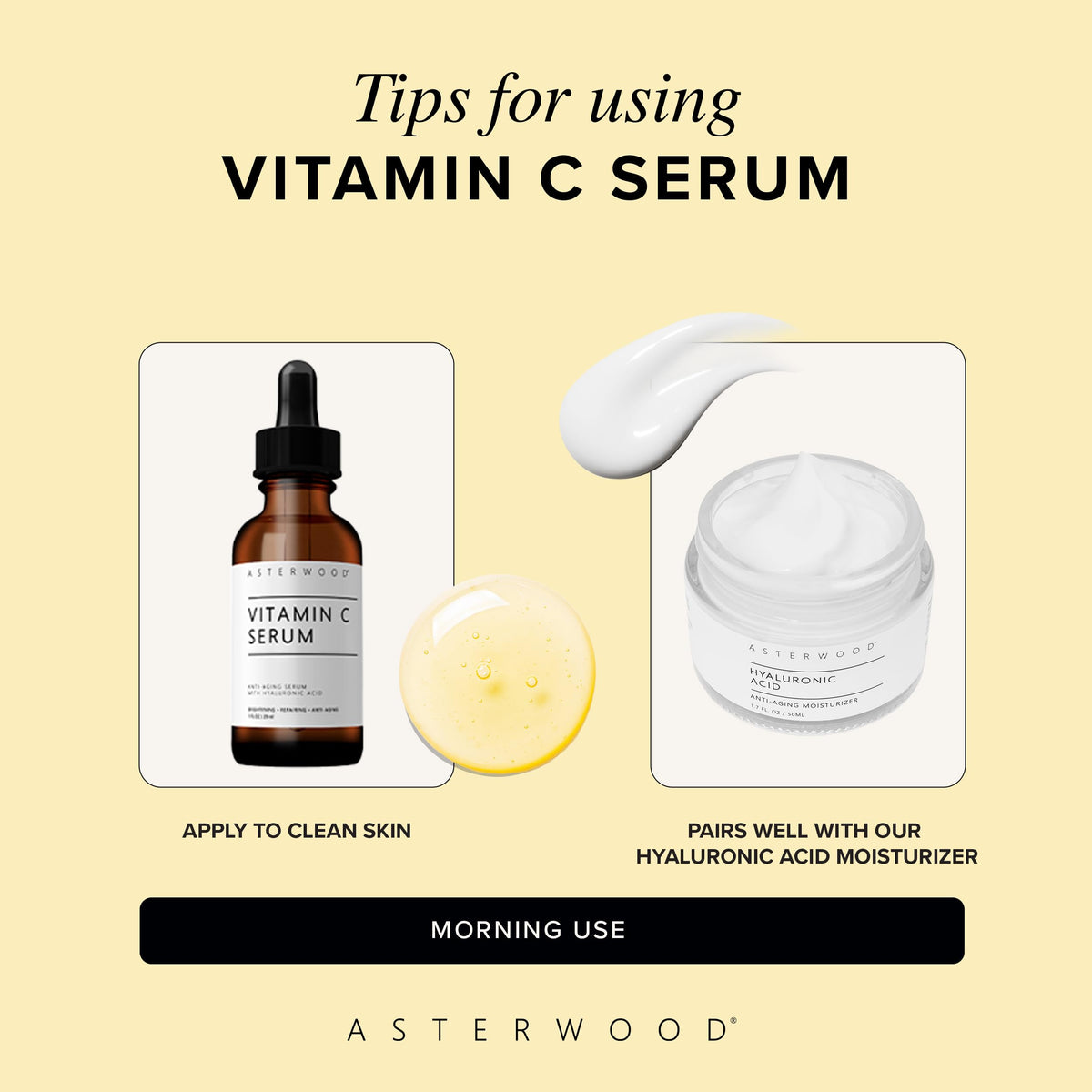 Asterwood brand on dark bottle beside healthy-looking skin glow.