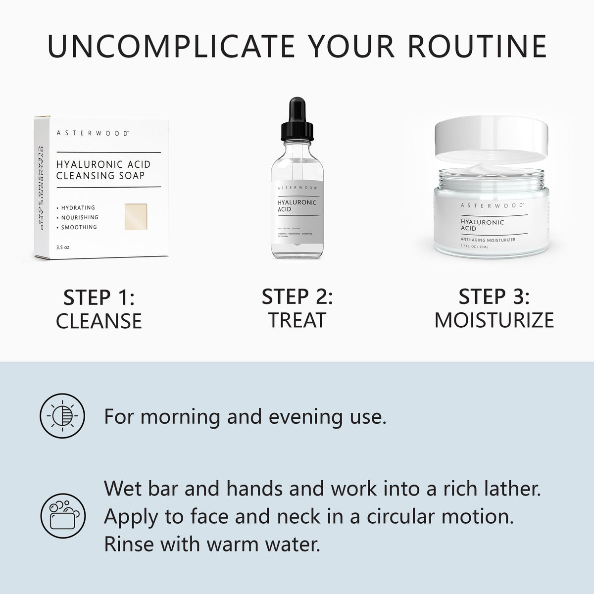 Asterwood coconut oil and hyaluronic acid detail suggests hydrating nourishment.