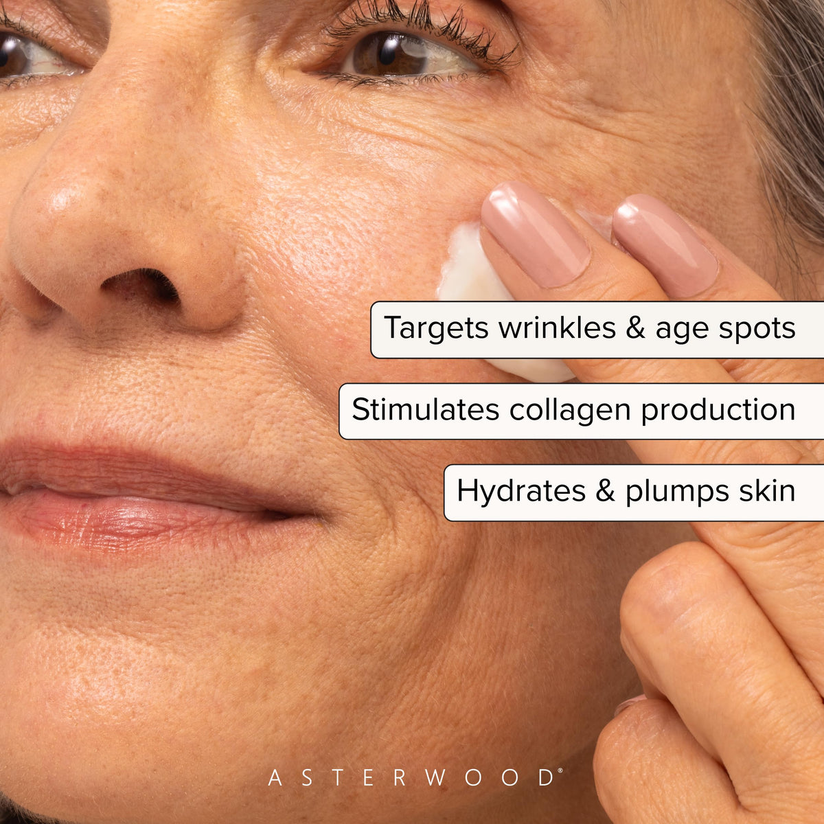 Asterwood cream texture close-up highlights rich hydration for smoother skin.