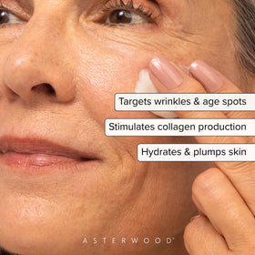 Asterwood cream texture close-up highlights rich hydration for smoother skin.