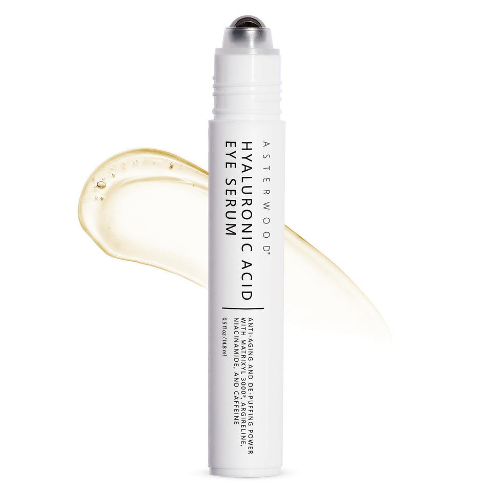 Asterwood Hyaluronic Acid Eye Serum applicator close-up for depuffing and hydration