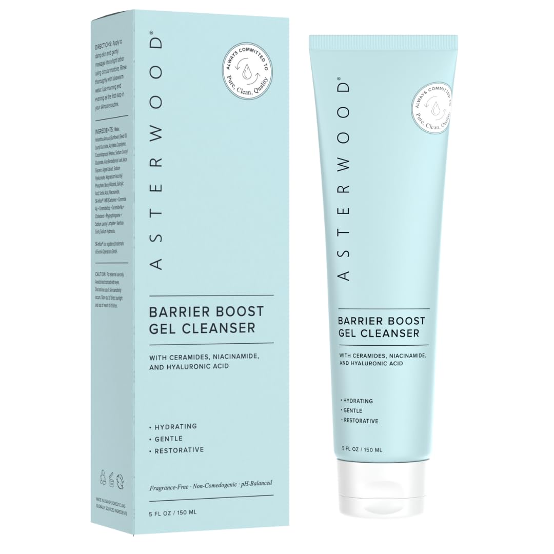 Asterwood Gel Cleanser packaging and bottle with fragrance-free hydration