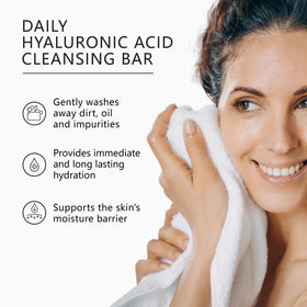 Asterwood Hyaluronic Acid cleansing soap packaging highlights fragrance-free design for sensitive skin.