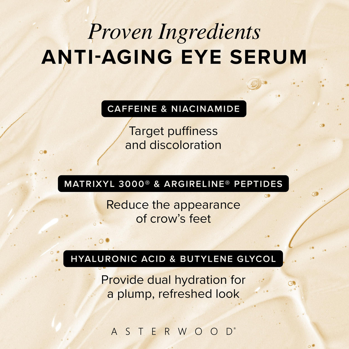 Asterwood Hyaluronic Acid Eye Serum bottle highlighting hydration benefits