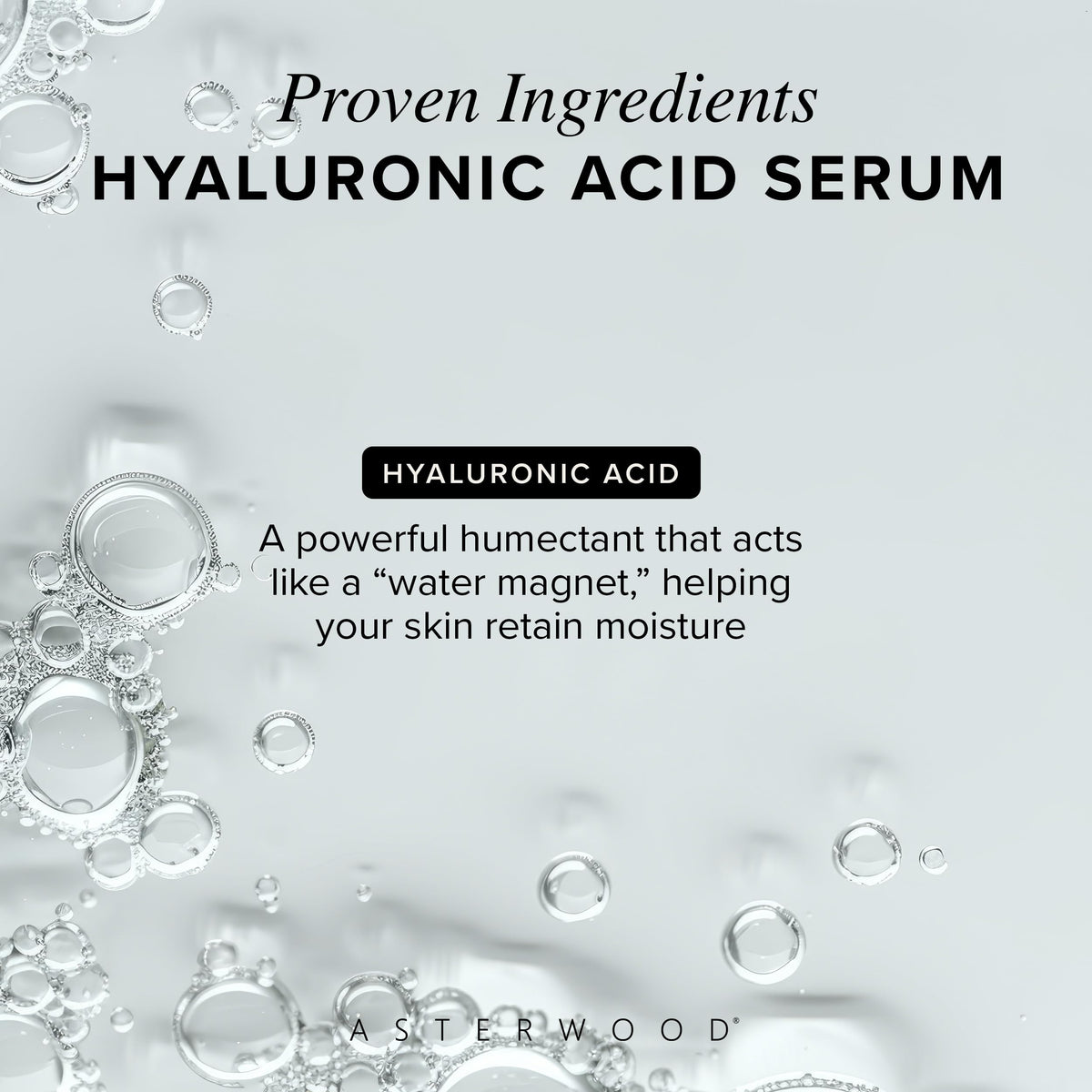 Asterwood Hyaluronic Serum on damp skin for deep moisturization.