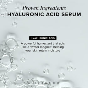 Asterwood Hyaluronic Serum on damp skin for deep moisturization.