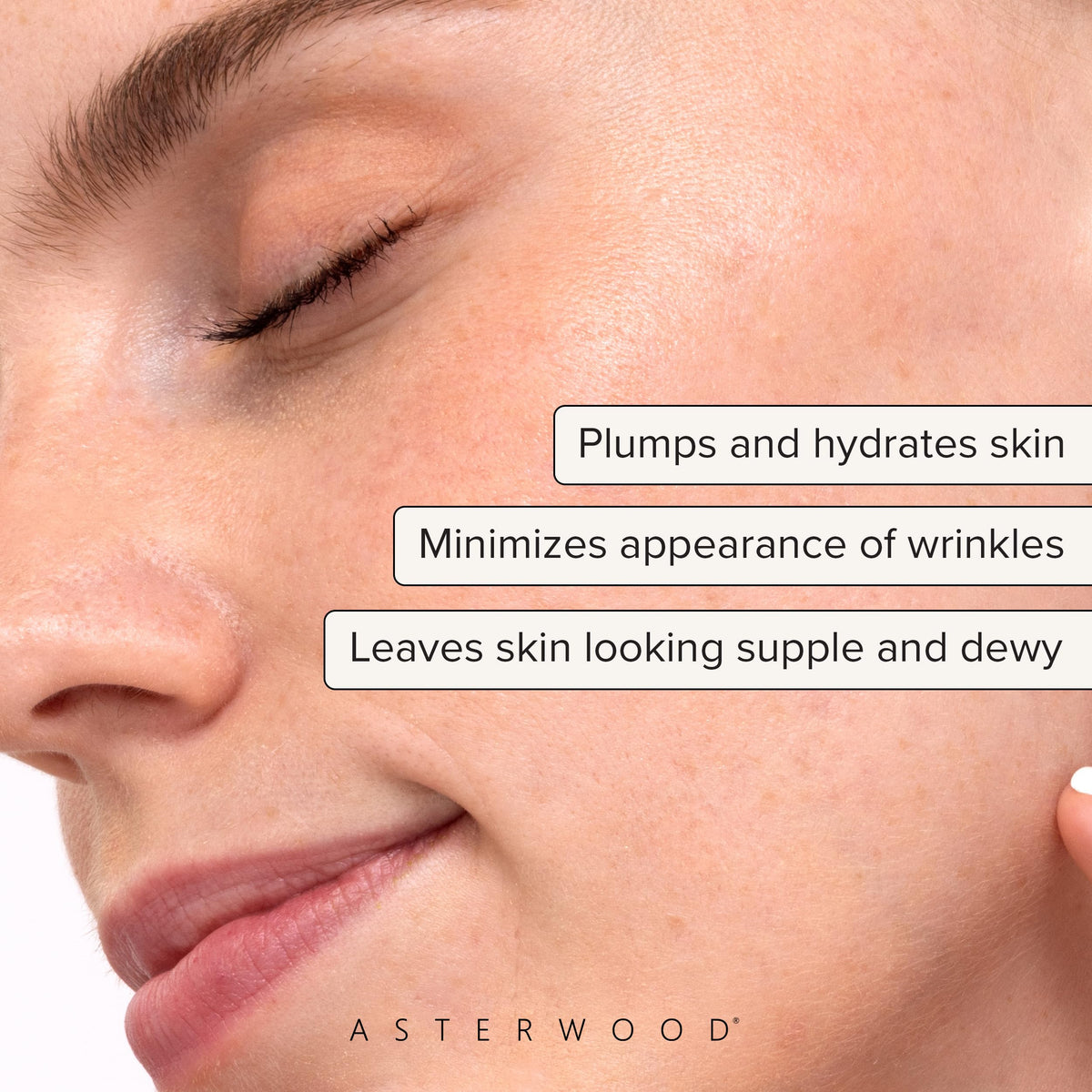 Asterwood Hyaluronic Serum dropper pouring to hydrate and plump skin.