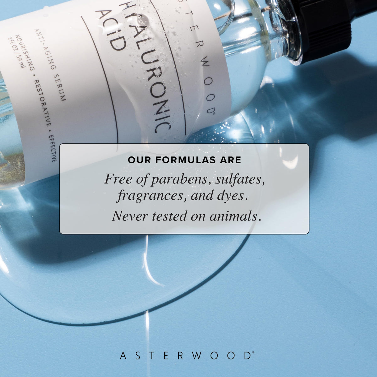Asterwood Hyaluronic Serum close-up of fragrance-free formula for sensitive skin.