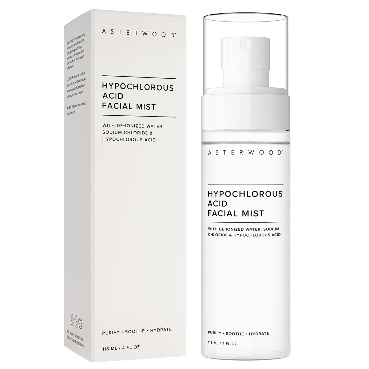 Asterwood Hypochlorous Face Spray bottle shown for gentle cleansing and soothing skin.