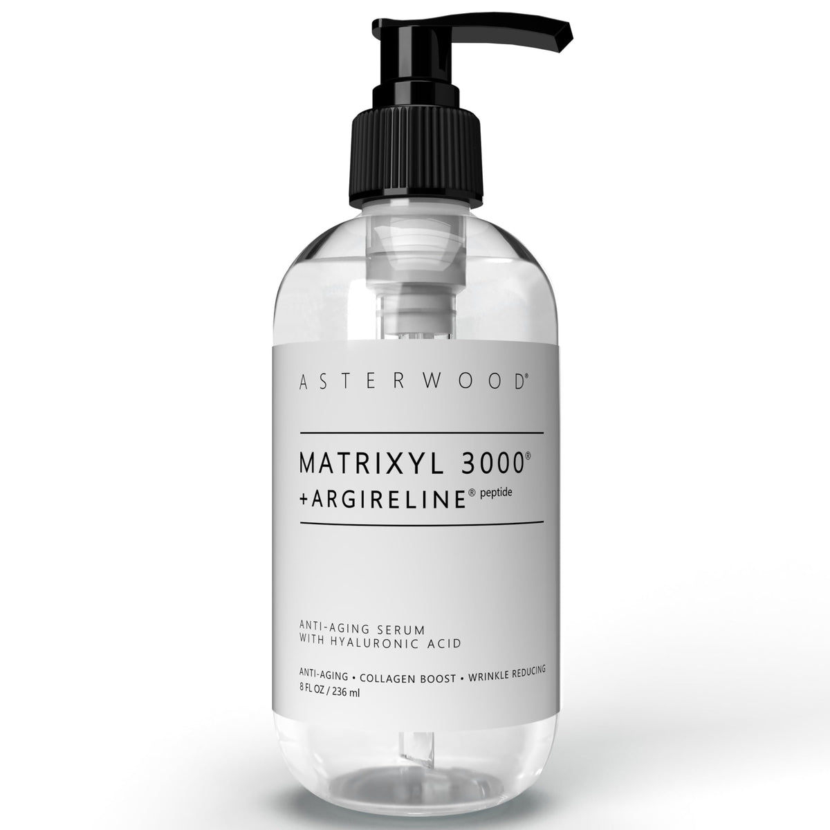 Asterwood Matrixyl 3000 + Argireline serum bottle highlighting fragrance-free formula for sensitive skin.