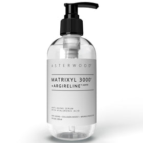 Asterwood Matrixyl 3000 + Argireline serum bottle highlighting fragrance-free formula for sensitive skin.