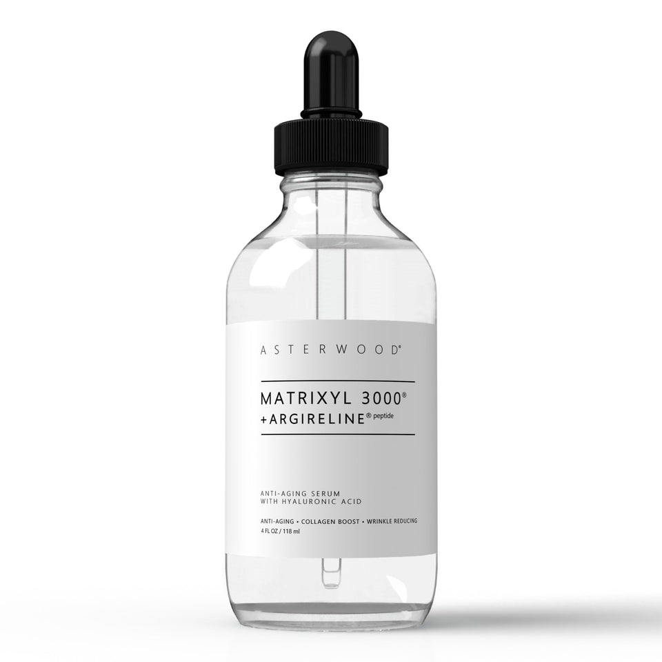 Asterwood Matrixyl serum bottle promoting fragrance-free hydration and smoother skin
