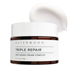Asterwood cream bottle showcases fragrance-free Matrixyl 3000 and Argireline night repair.