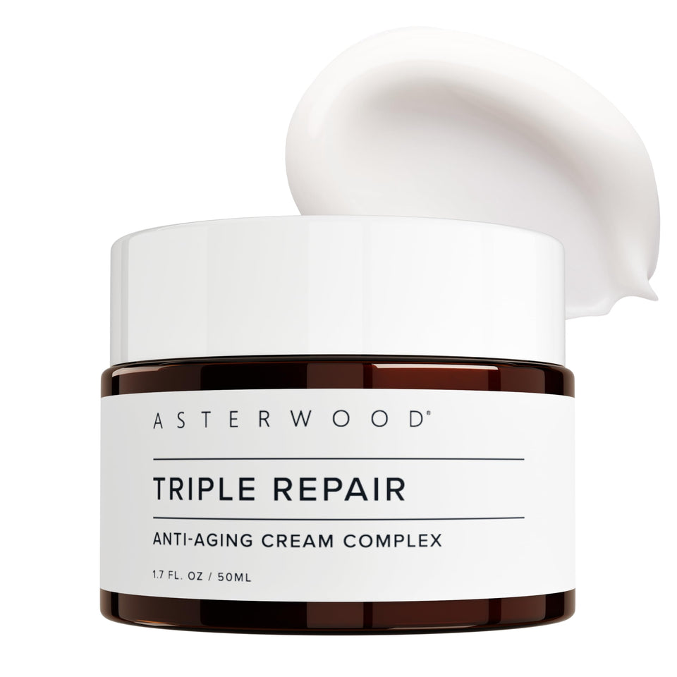 Asterwood cream bottle showcases fragrance-free Matrixyl 3000 and Argireline night repair.