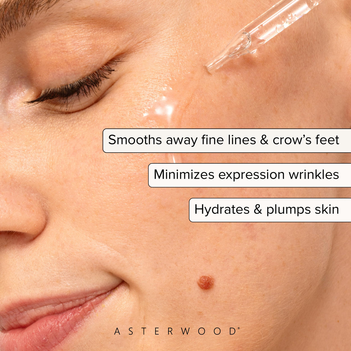 Asterwood Hyaluronic Acid Serum dropper emphasizes deep hydration for plump, hydrated skin.