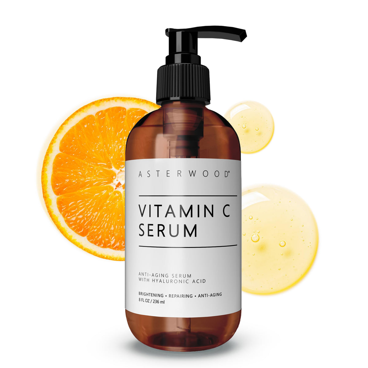 Asterwood vitamin C face serum bottle with fragrance-free formula ideal for sensitive skin.