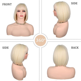 ATAYEA blonde bob wig 12in texture closeup highlights the smooth synthetic fibers.