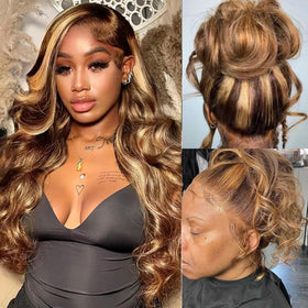 Atilck 360 lace front wig in 22inch honey blonde ombre for natural movement.