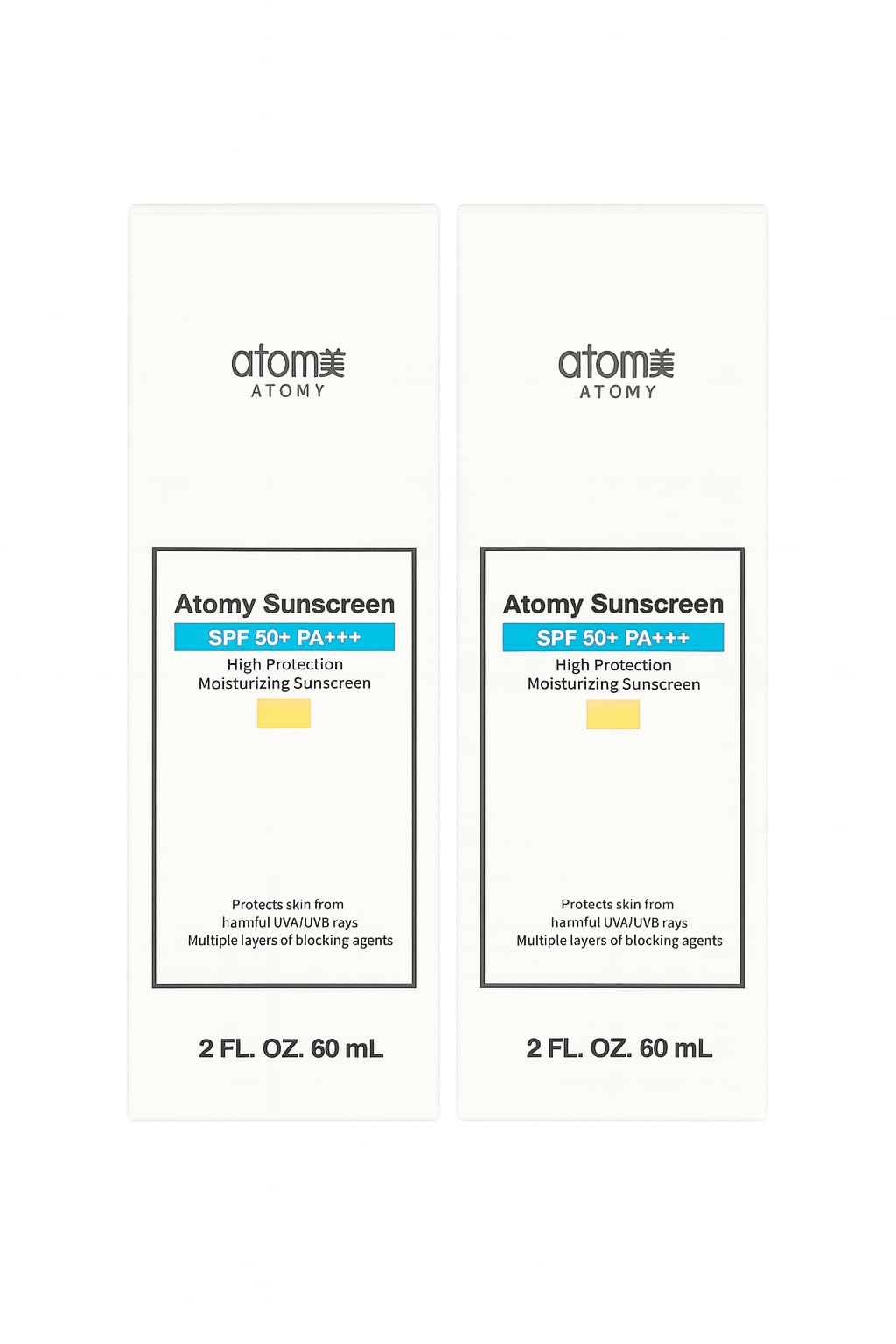 A.t.o.m.y Sunscreen bottle front view showing beige formula and broad protection.