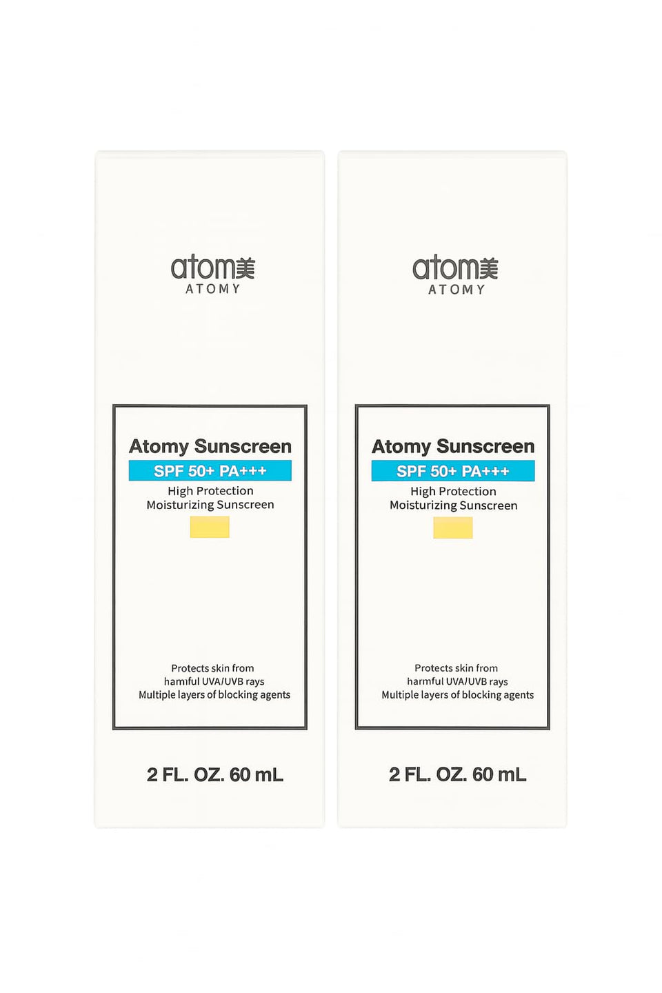 A.t.o.m.y Sunscreen bottle front view showing beige formula and broad protection.