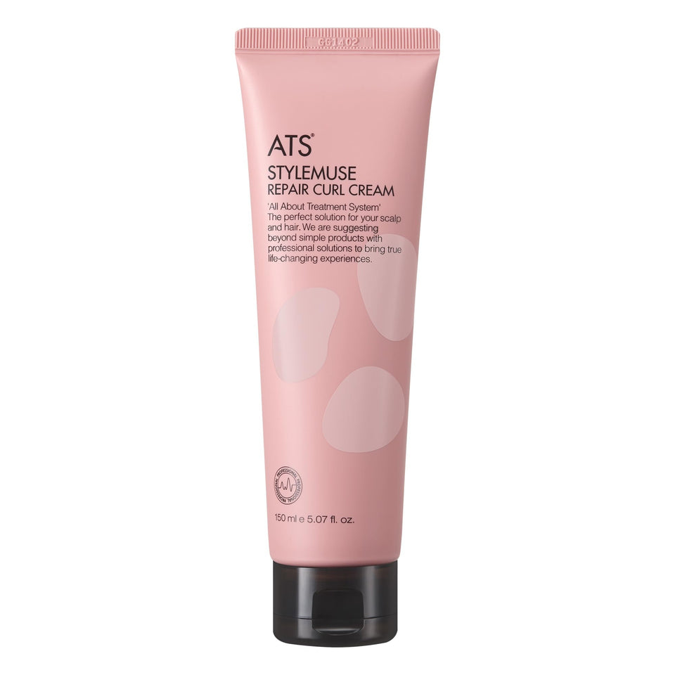 ATS Professional STYLEMUSE Repair Curl Cream bottle closeup shows defined curls and moisture