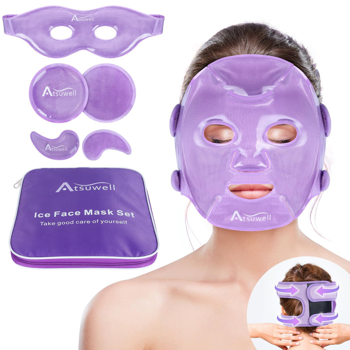 Atsuwell cooling face mask set showing full-face coverage for soothing relief