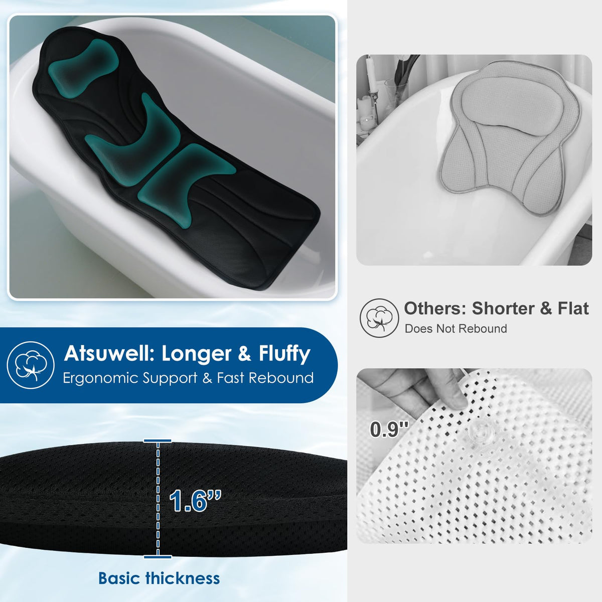 Atsuwell bath pillow dual hooks enable easy drying and storage