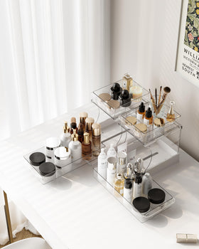 Attelite makeup organizer with 2-tier rotating base for fast access to cosmetics.