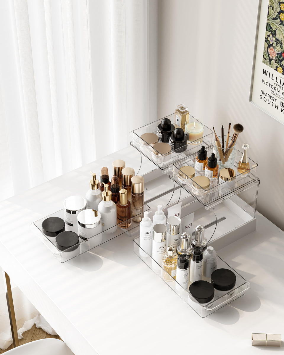 Attelite makeup organizer with 2-tier rotating base for fast access to cosmetics.