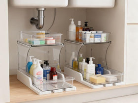 Side view highlights sturdy acrylic panels for stable storage.