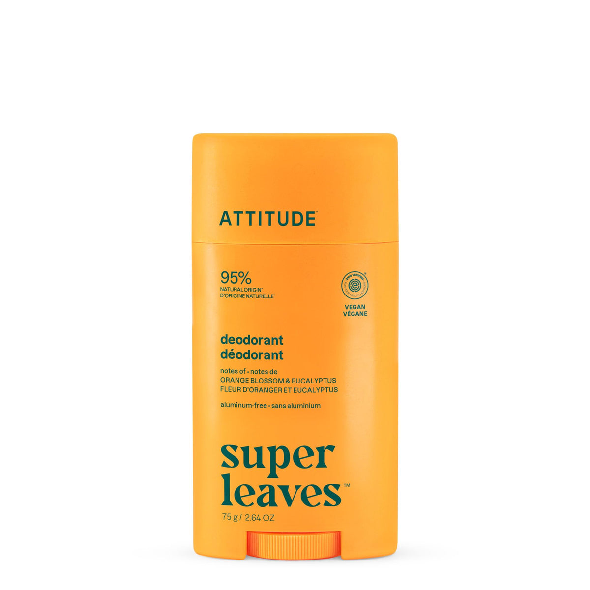 ATTITUDE aluminum-free deodorant bottle with orange blossom and eucalyptus for all-day freshness.