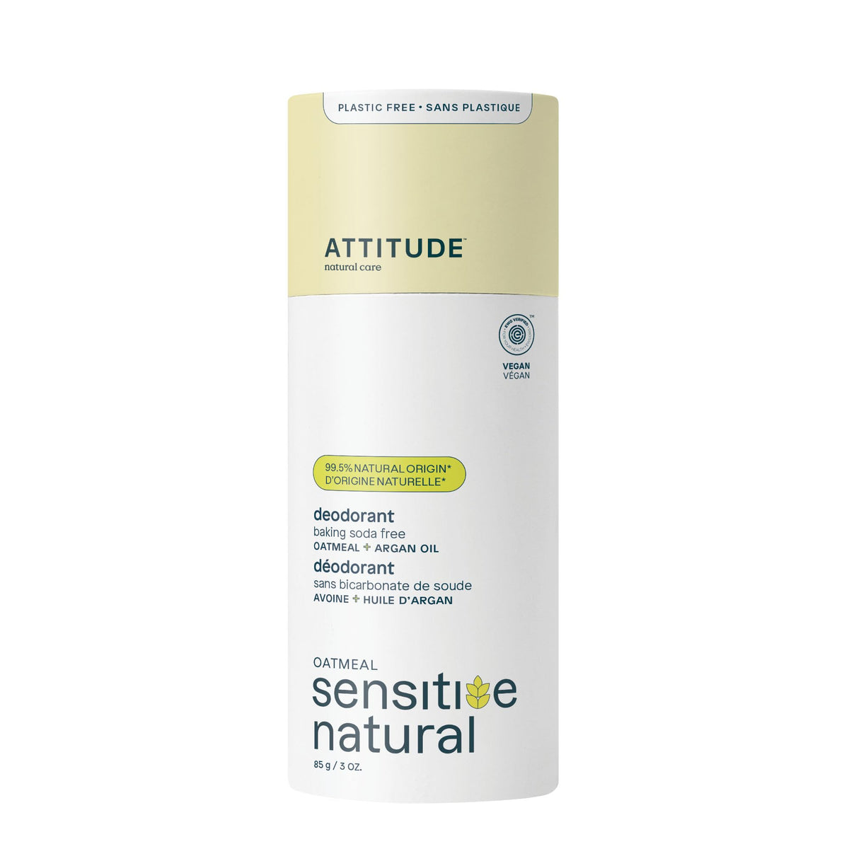 ATTITUDE baking soda free deodorant packaging in biodegradable material, ideal for sensitive skin.