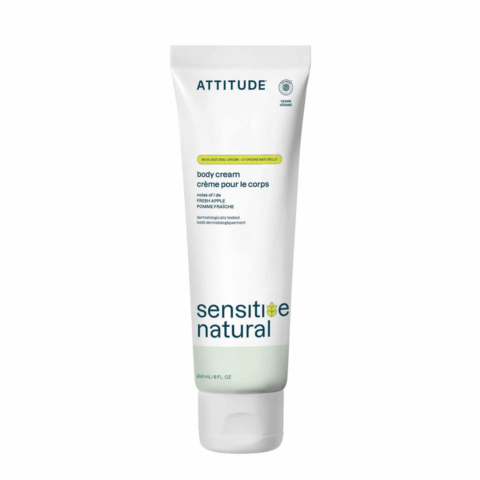 ATTITUDE body cream apple bottle showing a clean formula for sensitive skin