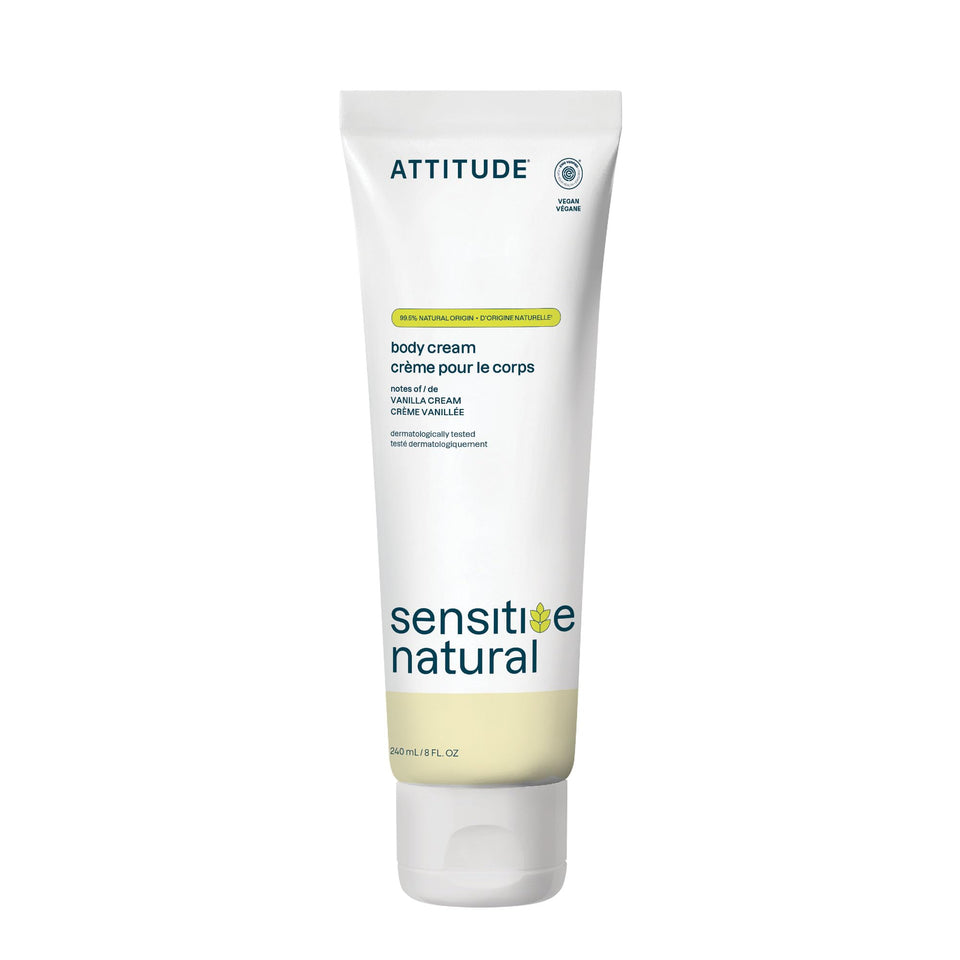 ATTITUDE Sensitive Body Cream with oat bottle shown for soothing, long-lasting moisture.