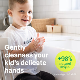 Close-up of rich, gentle foam from ATTITUDE kids soap for easy, enjoyable handwashing.