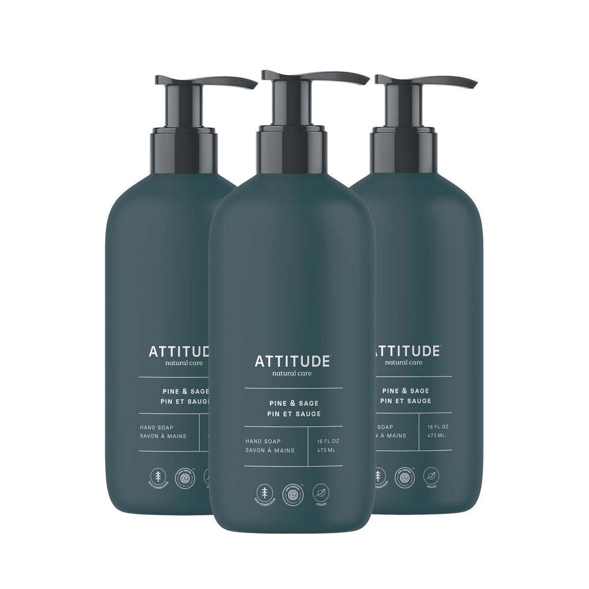 ATTITUDE Pine and Sage hand soap bottle pour for quick cleansing