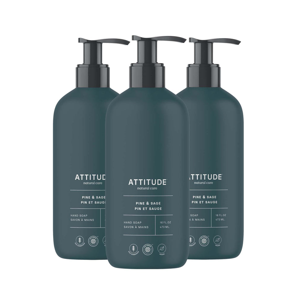 ATTITUDE Pine and Sage hand soap bottle pour for quick cleansing