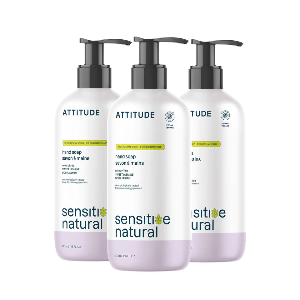ATTITUDE hand soap bottle with creamy foam for gentle cleansing.