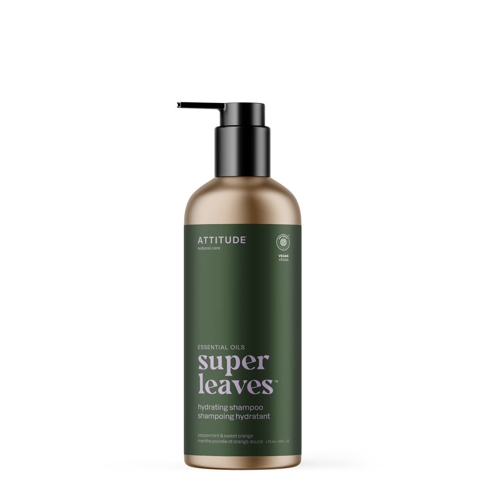 ATTITUDE Hydrating Shampoo bottle with peppermint and orange for refreshed, hydrated hair daily.