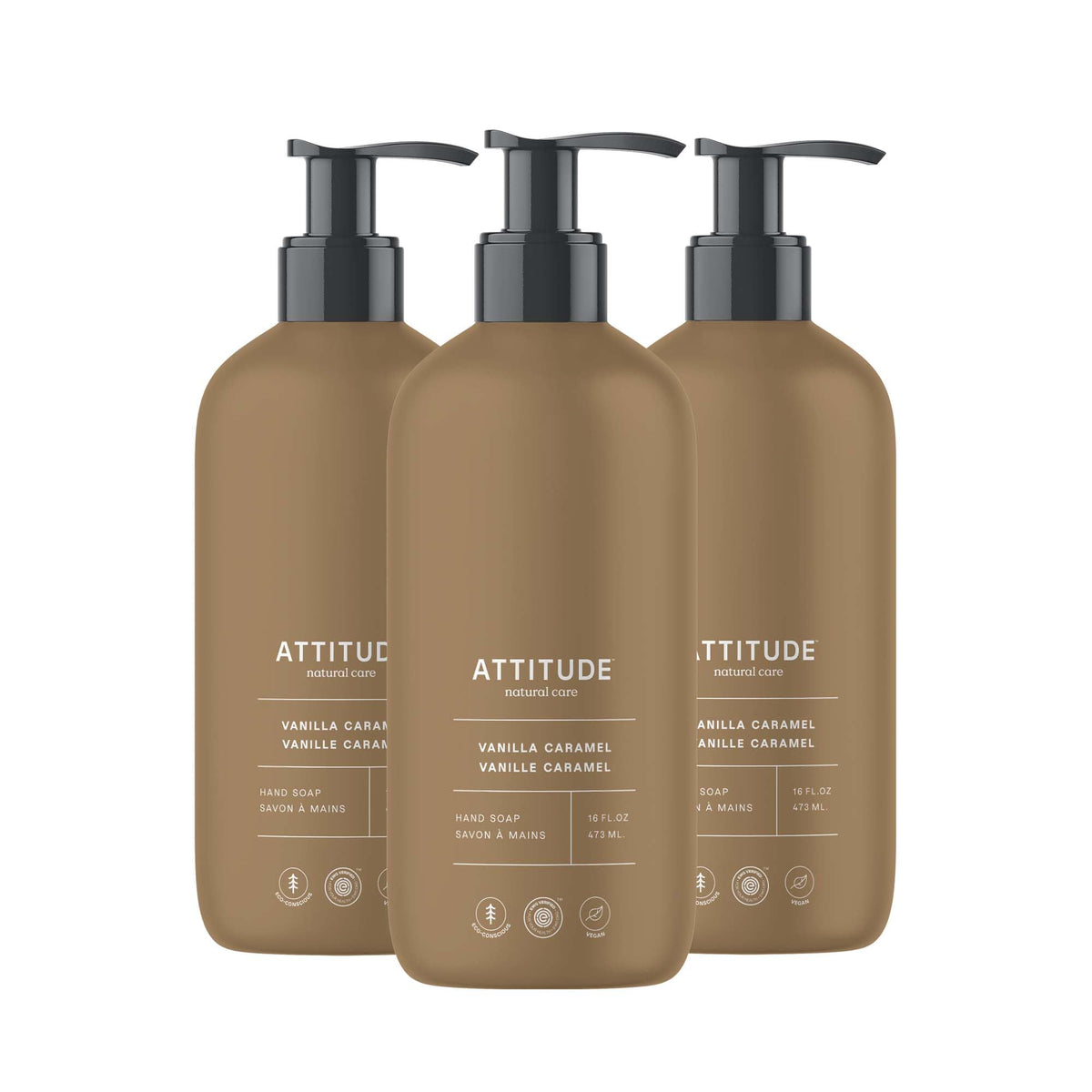 ATTITUDE Limited Edition Vanilla Caramel hand soap bottle with a clean vegan formula for daily cleansing.